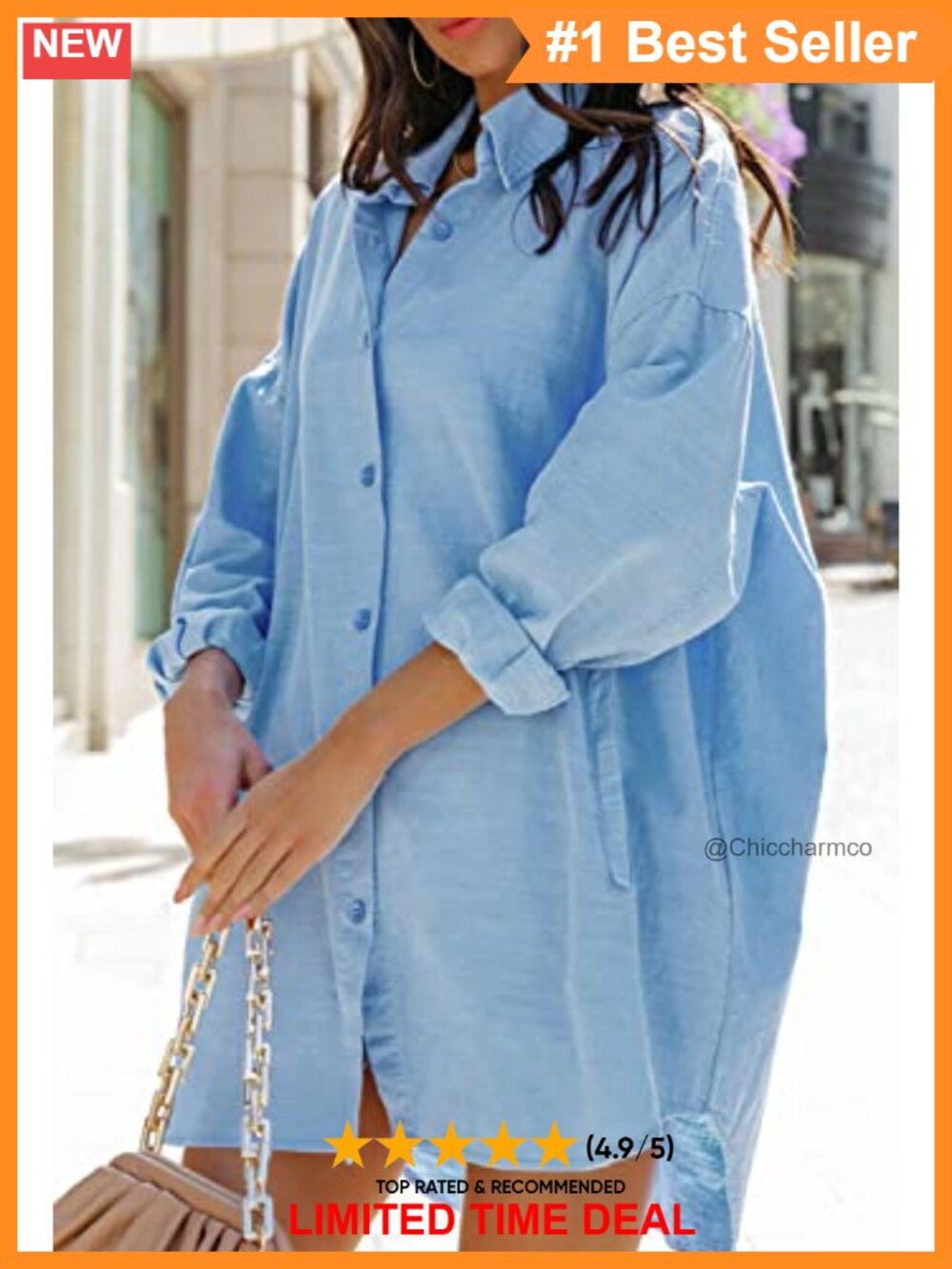 Oversized Button Down Shirt Long Sleeve Collared Blouse with Pockets - Picture 3 of 6